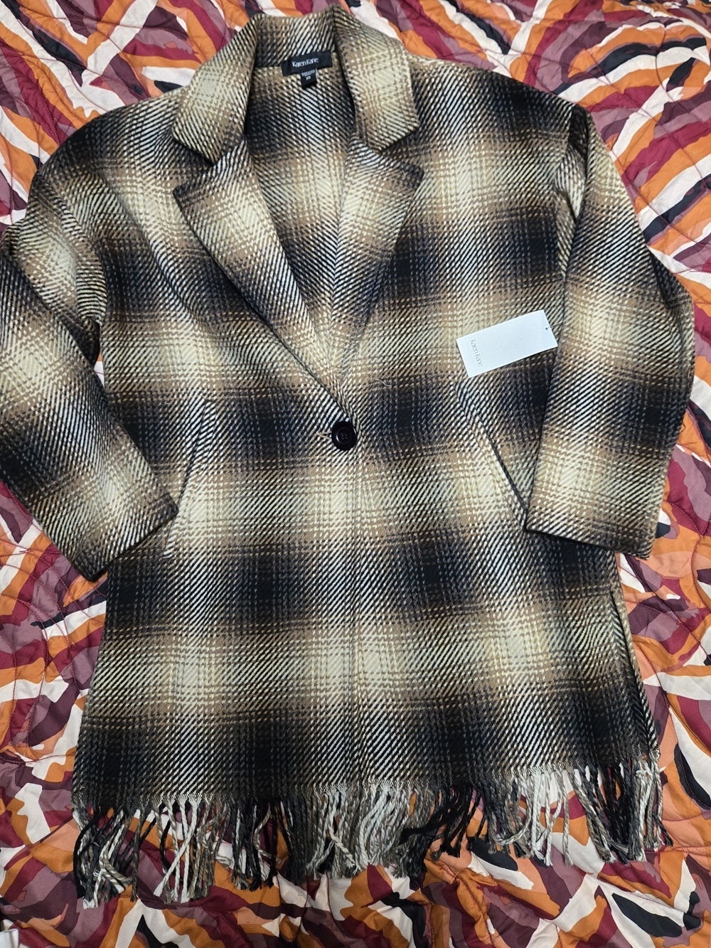 Karen Millen Brown Plaid Fringe Coat